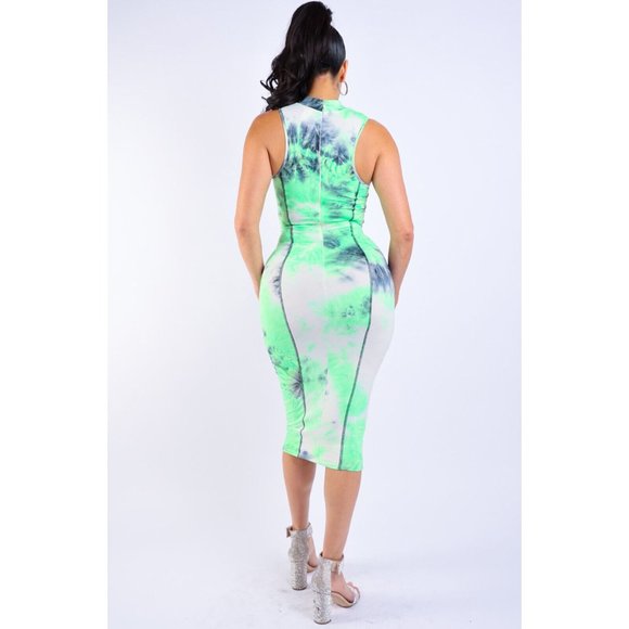 Women's Casual Sleeveless Cut-Out High Neck Tie Dye Printed Tank Midi Dress Sexy - Picture 5 of 10